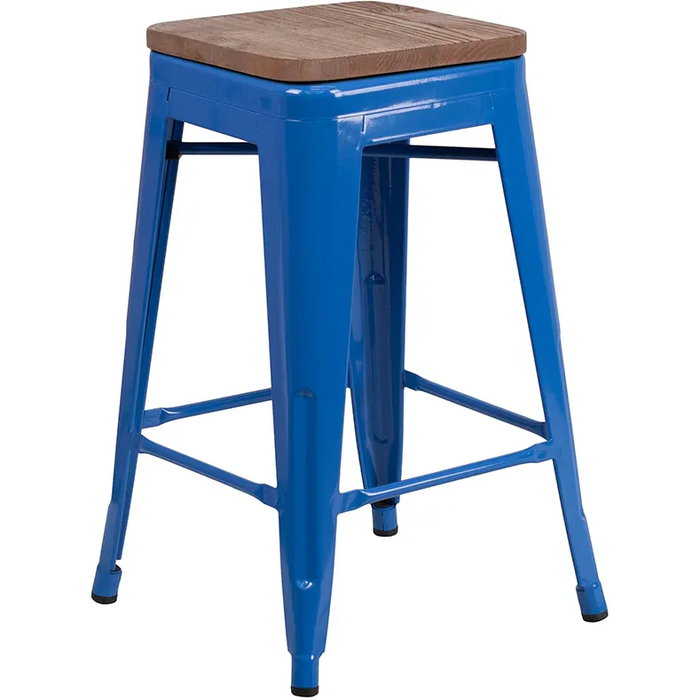 Flash Furniture CH-31320-24-BL-WD-GG Blue Backless Bar Stool, 500 lb. Weight Capacity, Wood Seat, Galvanized Steel Frame