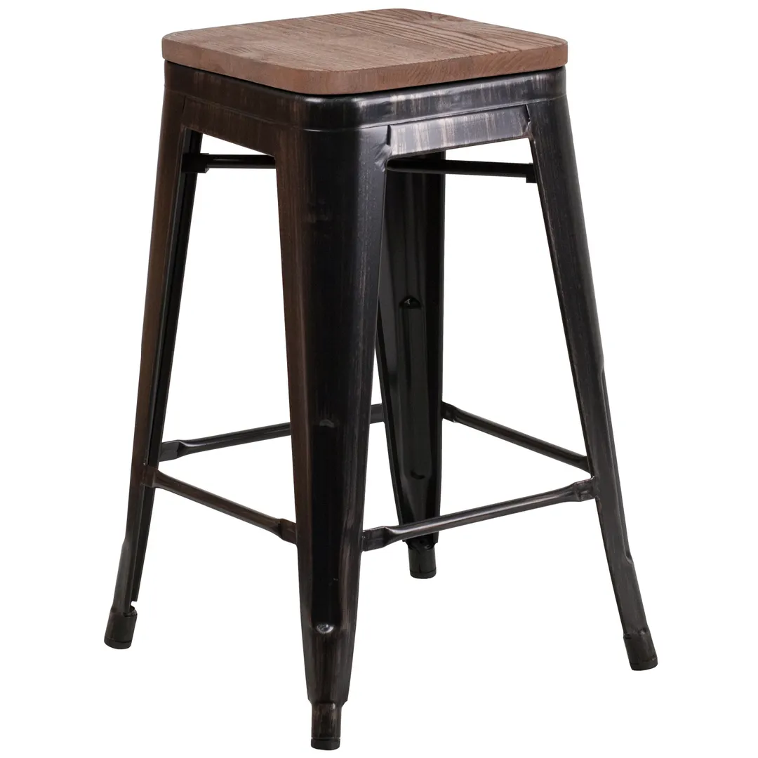 Flash Furniture CH-31320-24-BQ-WD-GG Counter Height Stacking Bar Stool, 500 lb, Backless, Galvanized Steel, Black Antique Gold