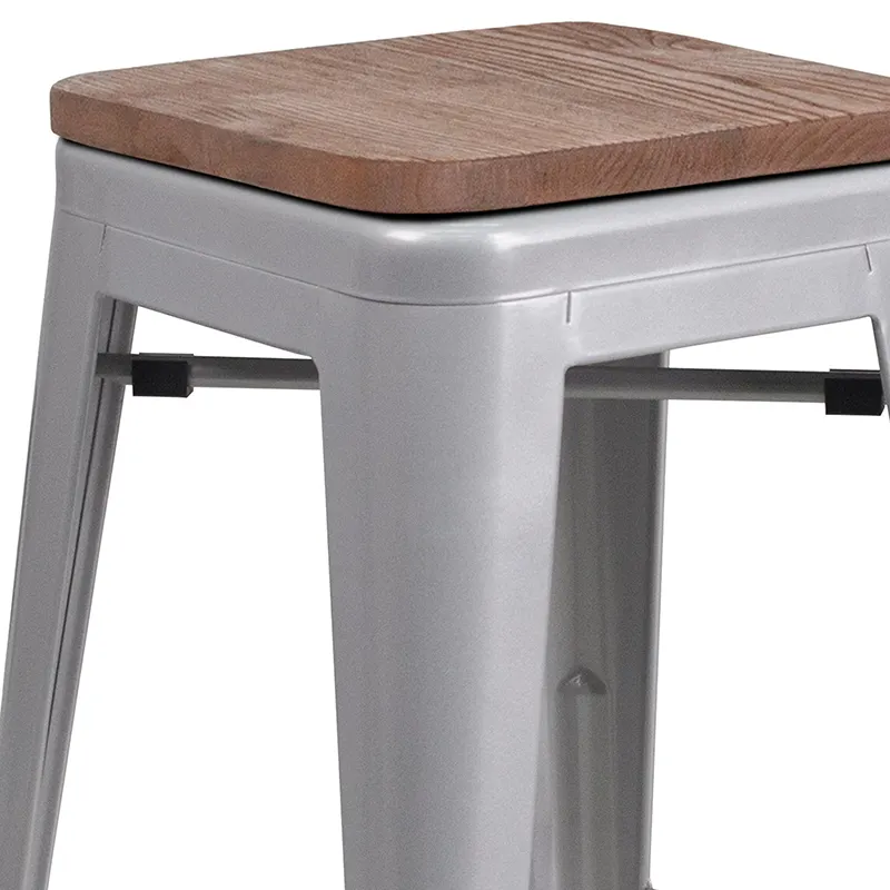 Flash Furniture CH-31320-24-SIL-WD-GG Silver Backless Bar Stool, 500 lb. Weight Capacity, Stacking, Wood Seat, Galvanized Steel Frame