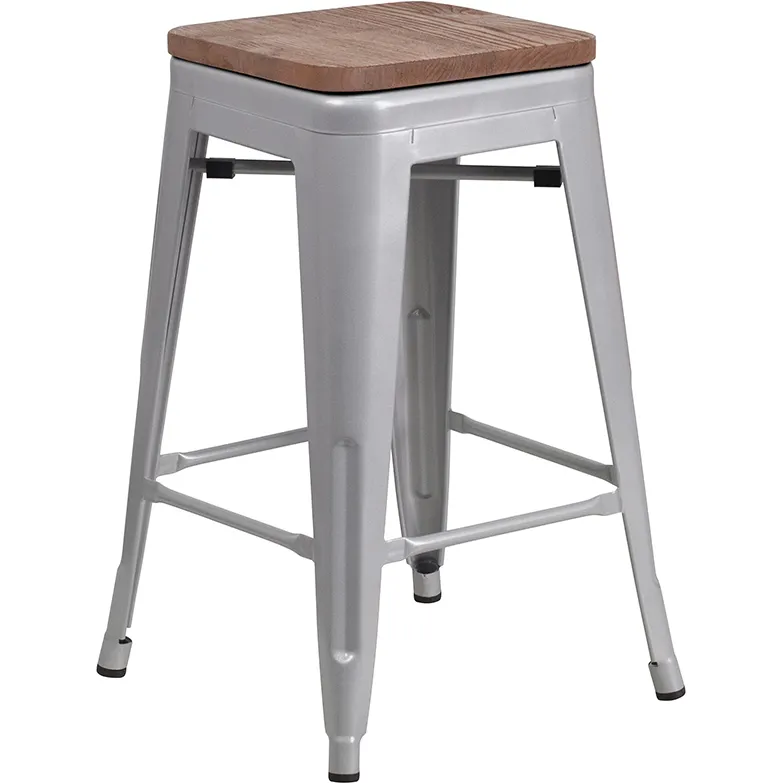 Flash Furniture CH-31320-24-SIL-WD-GG Silver Backless Bar Stool, 500 lb. Weight Capacity, Stacking, Wood Seat, Galvanized Steel Frame