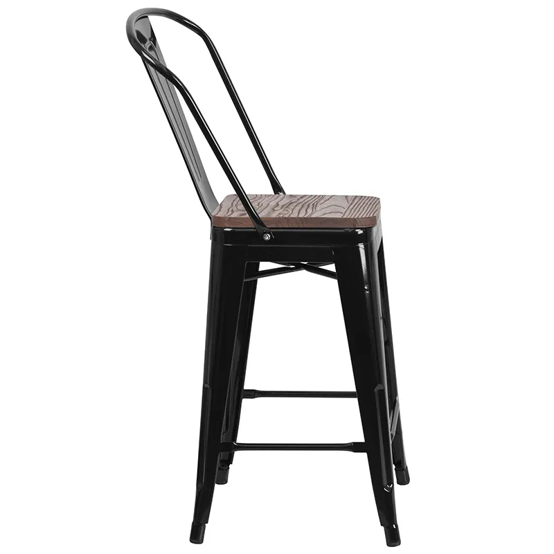 Flash Furniture CH-31320-24GB-BK-WD-GG Counter Height Bar Stool, 500 lb. Weight Capacity, Black Metal Back, Wood Seat, Stacking