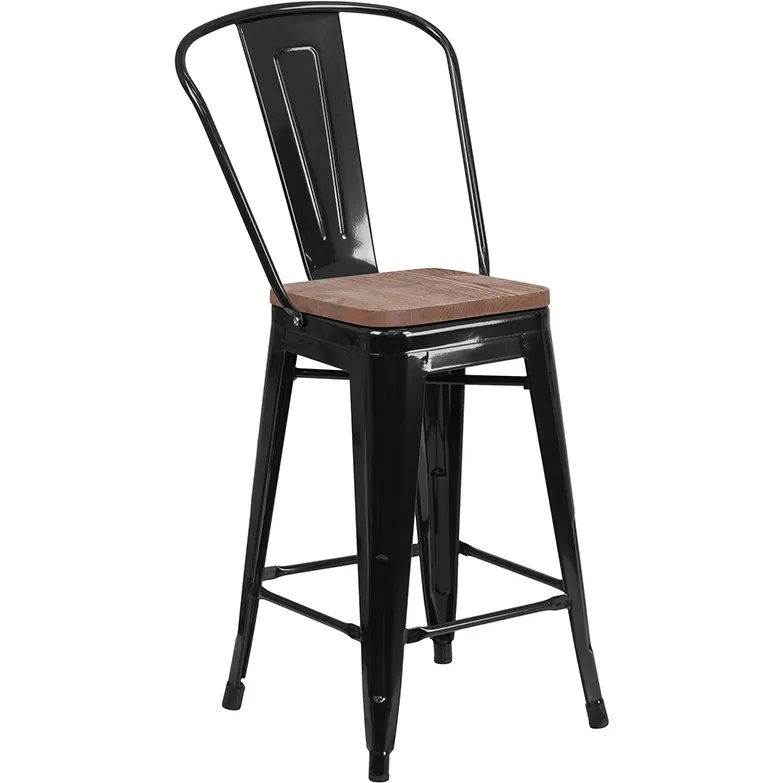 Flash Furniture CH-31320-24GB-BK-WD-GG Counter Height Bar Stool, 500 lb. Weight Capacity, Black Metal Back, Wood Seat, Stacking