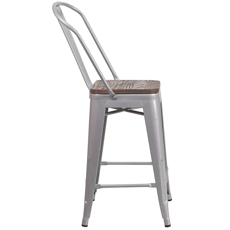 Flash Furniture CH-31320-24GB-SIL-WD-GG Silver Counter Height Bar Stool, 500 lb. Weight Capacity, Metal Back, Wood Seat