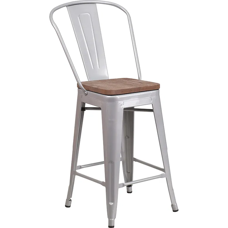 Flash Furniture CH-31320-24GB-SIL-WD-GG Silver Counter Height Bar Stool, 500 lb. Weight Capacity, Metal Back, Wood Seat