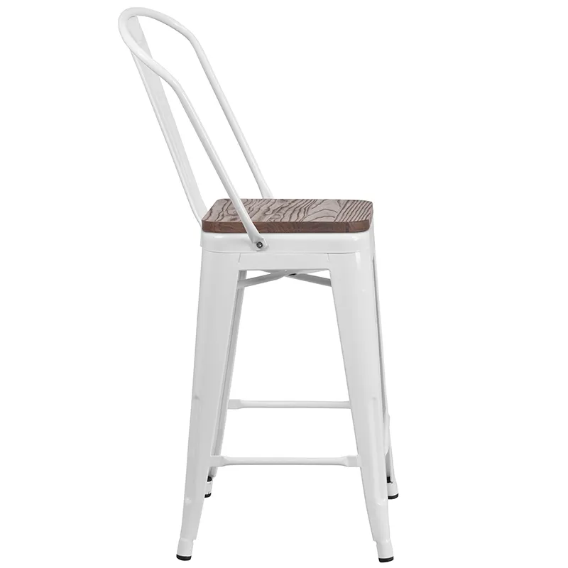 Flash Furniture CH-31320-24GB-WH-WD-GG Counter Height Bar Stool, 500 lb. Weight Capacity, White Powder Coat Finish, Metal Back, Wood Seat