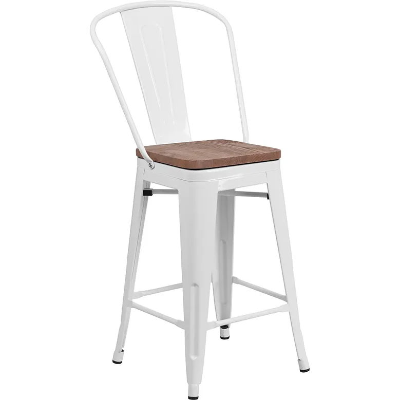 Flash Furniture CH-31320-24GB-WH-WD-GG Counter Height Bar Stool, 500 lb. Weight Capacity, White Powder Coat Finish, Metal Back, Wood Seat
