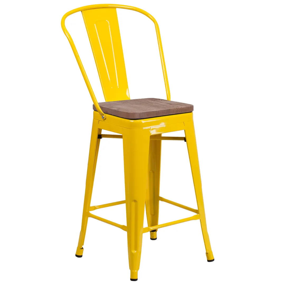 Flash Furniture CH-31320-24GB-YL-WD-GG Counter Height Yellow Bar Stool, 500 lb. Capacity, Metal Back, Textured Wood Seat