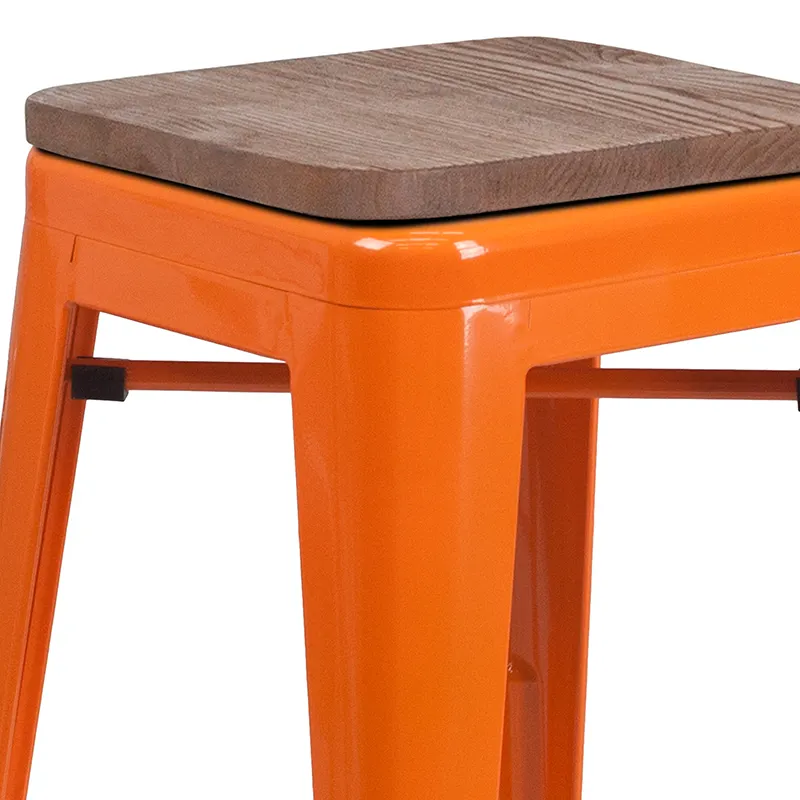 Flash Furniture CH-31320-30-OR-WD-GG Orange Backless Stacking Bar Stool, 500 lb. Weight Capacity, Wood Seat, Galvanized Steel Frame