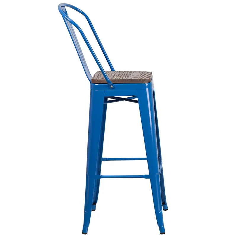 Flash Furniture CH-31320-30GB-BL-WD-GG Blue Bistro Bar Stool, 500 lb. Weight Capacity, Metal Back, Wood Seat, Stacking