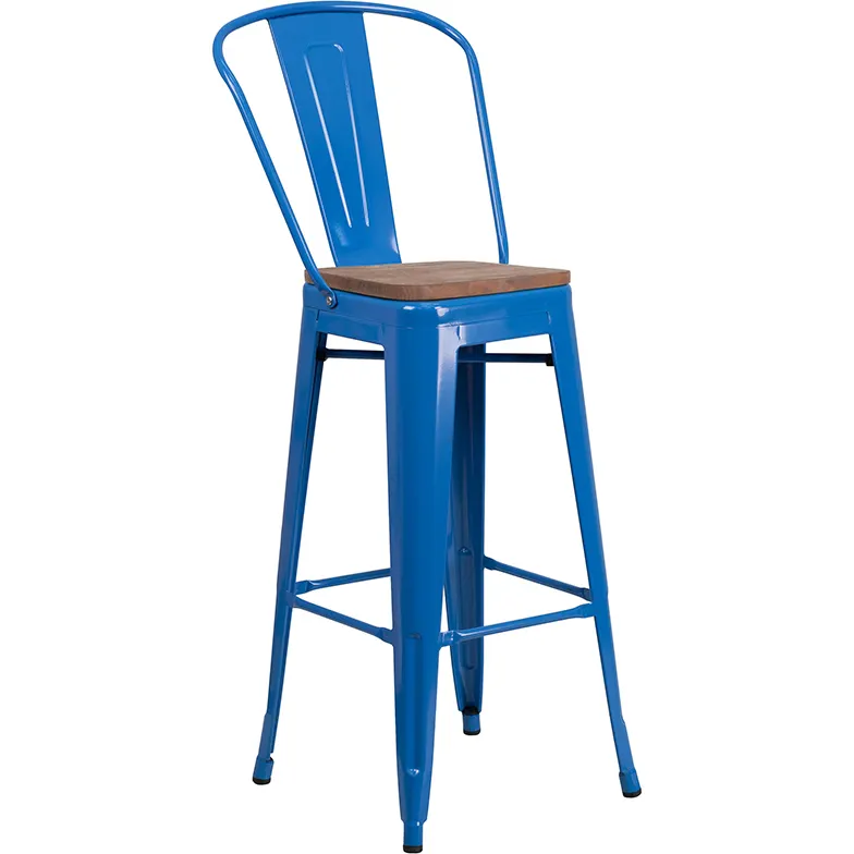 Flash Furniture CH-31320-30GB-BL-WD-GG Blue Bistro Bar Stool, 500 lb. Weight Capacity, Metal Back, Wood Seat, Stacking