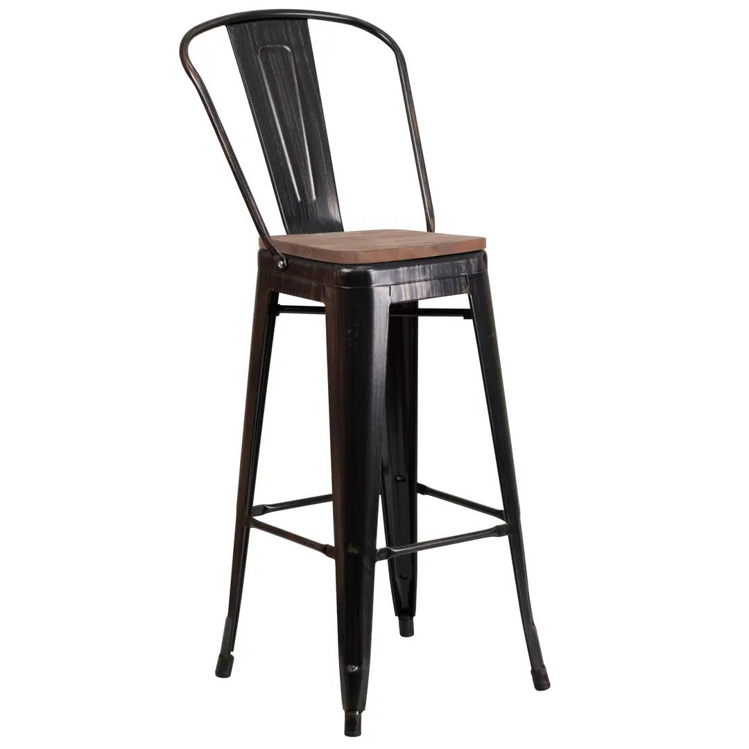 Flash Furniture CH-31320-30GB-BQ-WD-GG Bistro Style Bar Stool, 500 lb. Weight Capacity, Metal Curved Back, Textured Wood Seat, Black Antique Gold