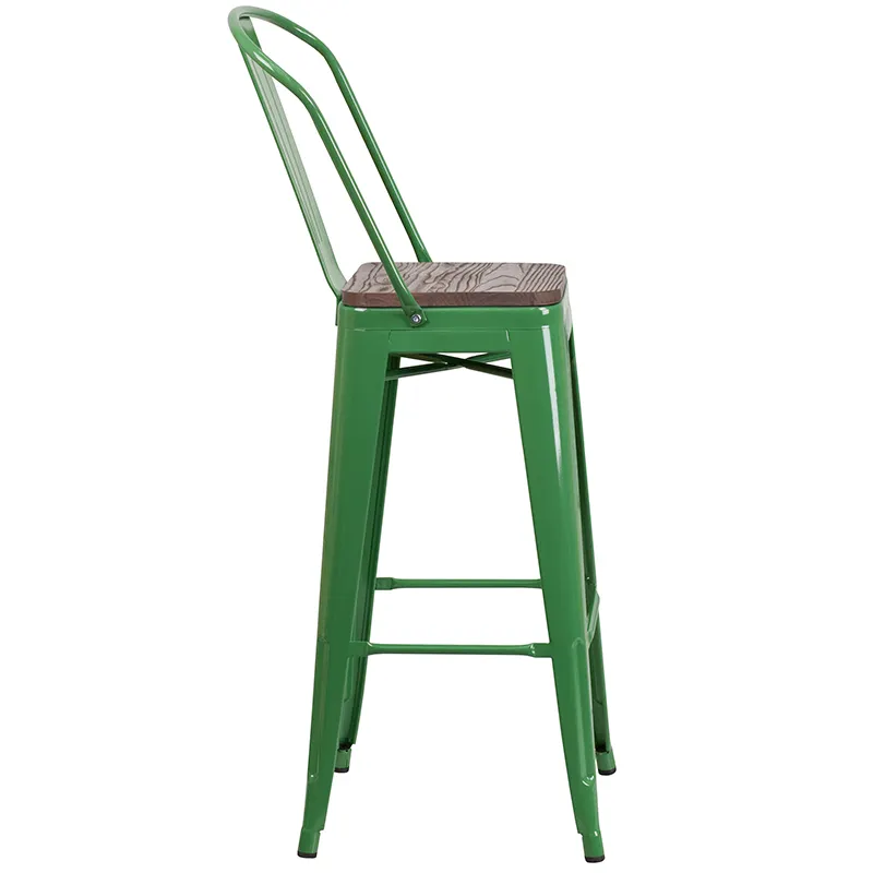 Flash Furniture CH-31320-30GB-GN-WD-GG Green Bistro Bar Stool, 500 lb. Weight Capacity, Metal Back, Wood Seat