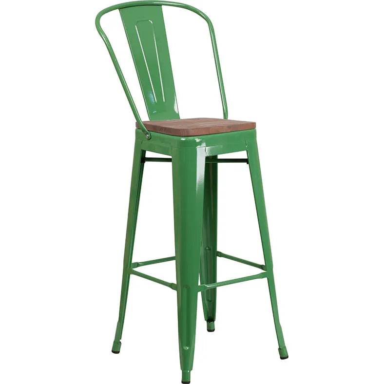 Flash Furniture CH-31320-30GB-GN-WD-GG Green Bistro Bar Stool, 500 lb. Weight Capacity, Metal Back, Wood Seat
