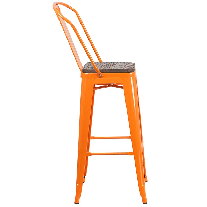 Flash Furniture CH-31320-30GB-OR-WD-GG Orange Bistro Bar Stool, 500 lb. Weight Capacity, Metal Back, Wood Seat, Stacking