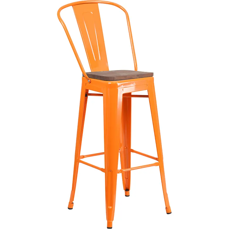 Flash Furniture CH-31320-30GB-OR-WD-GG Orange Bistro Bar Stool, 500 lb. Weight Capacity, Metal Back, Wood Seat, Stacking