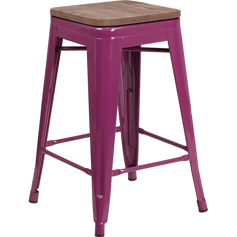 Flash Furniture ET-BT3503-24-PUR-WD-GG Purple Backless Bar Stool, 500 lb. Weight Capacity, Counter Height, Wood Seat, Galvanized Steel Frame, Distressed Finish