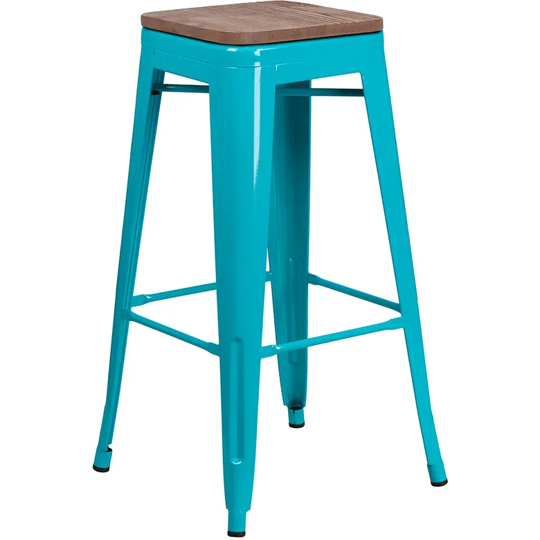 Flash Furniture ET-BT3503-30-CB-WD-GG Backless Stacking Bar Stool, 500 lb, Teal Blue, Galvanized Steel, Wood Seat
