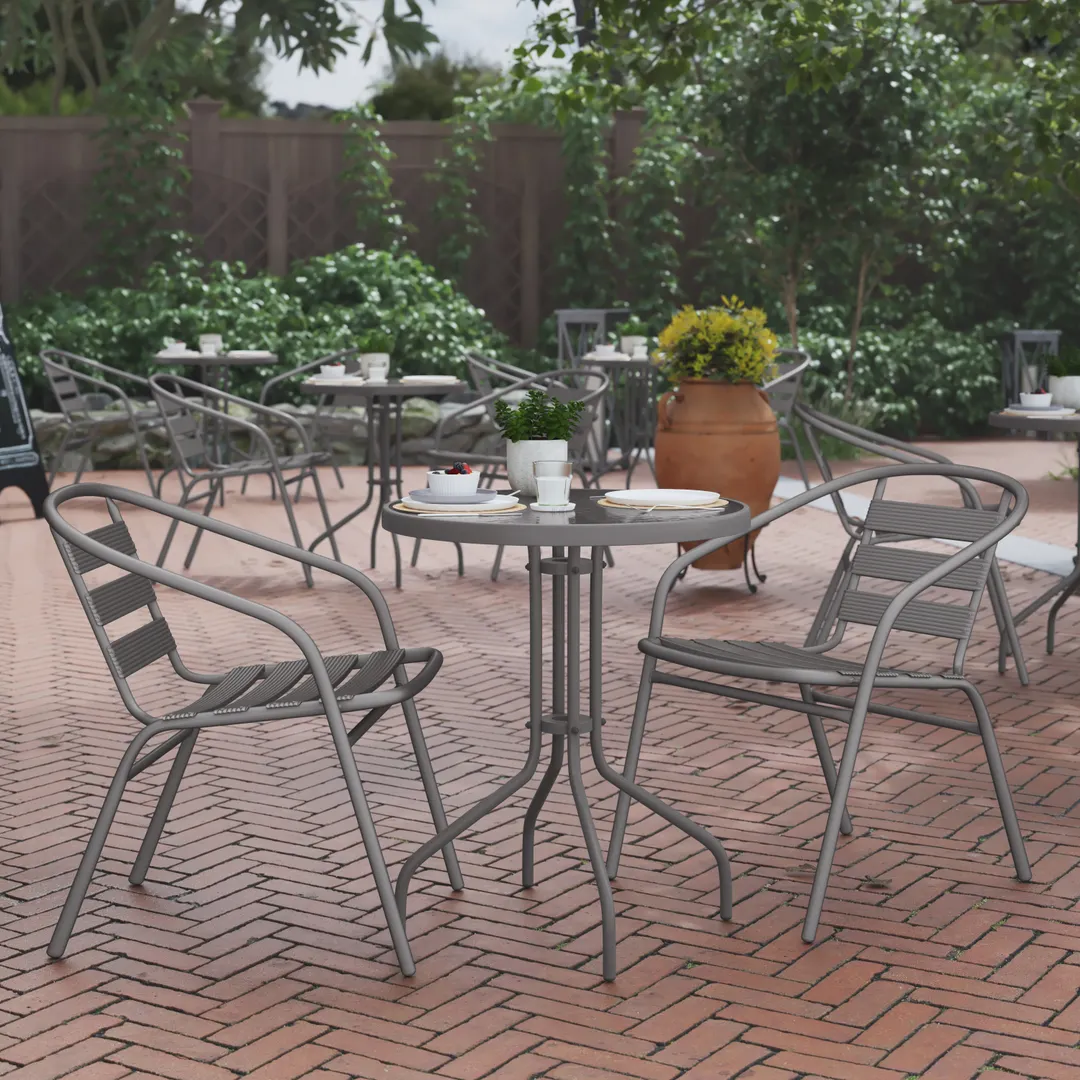 Flash Furniture TLH-071RD-017CSV2-GG Lila 23-3/4" Glass Top Metal Table Set with 2 Silver Aluminum Slat Stack Chairs