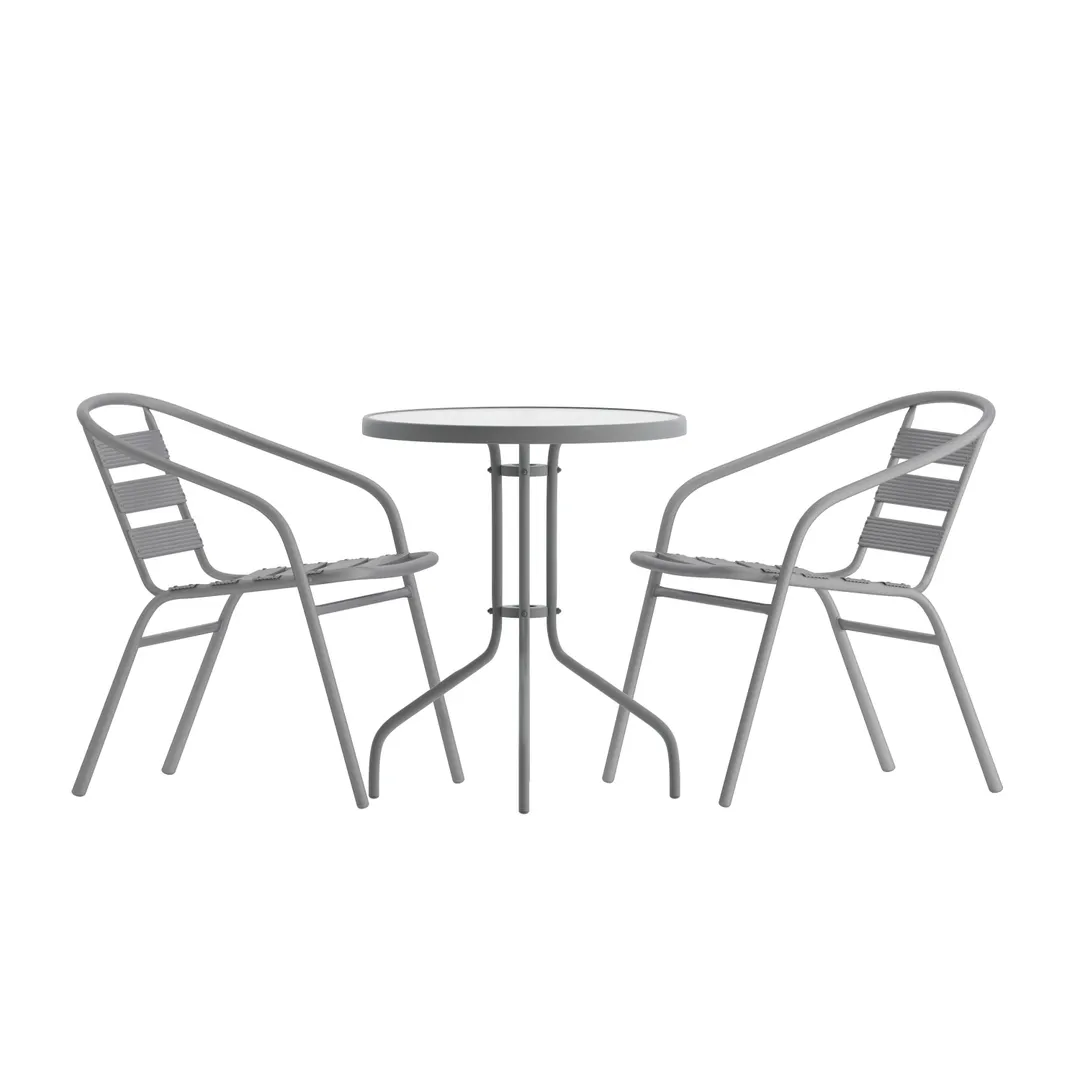 Flash Furniture TLH-071RD-017CSV2-GG Lila 23-3/4" Glass Top Metal Table Set with 2 Silver Aluminum Slat Stack Chairs