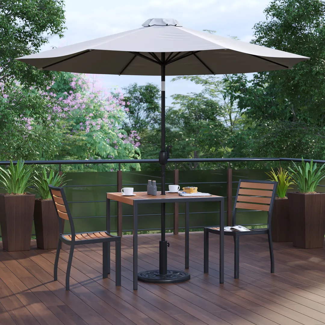 Flash Furniture XU-DG-810060362-UB19BGY-GG 35" Square Patio Dining Table Set with 2 Stacking Faux Teak Chairs and Gray Umbrella