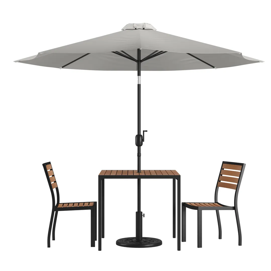 Flash Furniture XU-DG-810060362-UB19BGY-GG 35" Square Patio Dining Table Set with 2 Stacking Faux Teak Chairs and Gray Umbrella