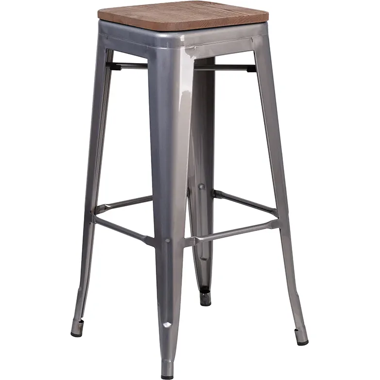Flash Furniture XU-DG-TP0004-30-WD-GG 30-1/4" Backless Stacking Bar Stool, Wood Seat, 500 lb, Silver