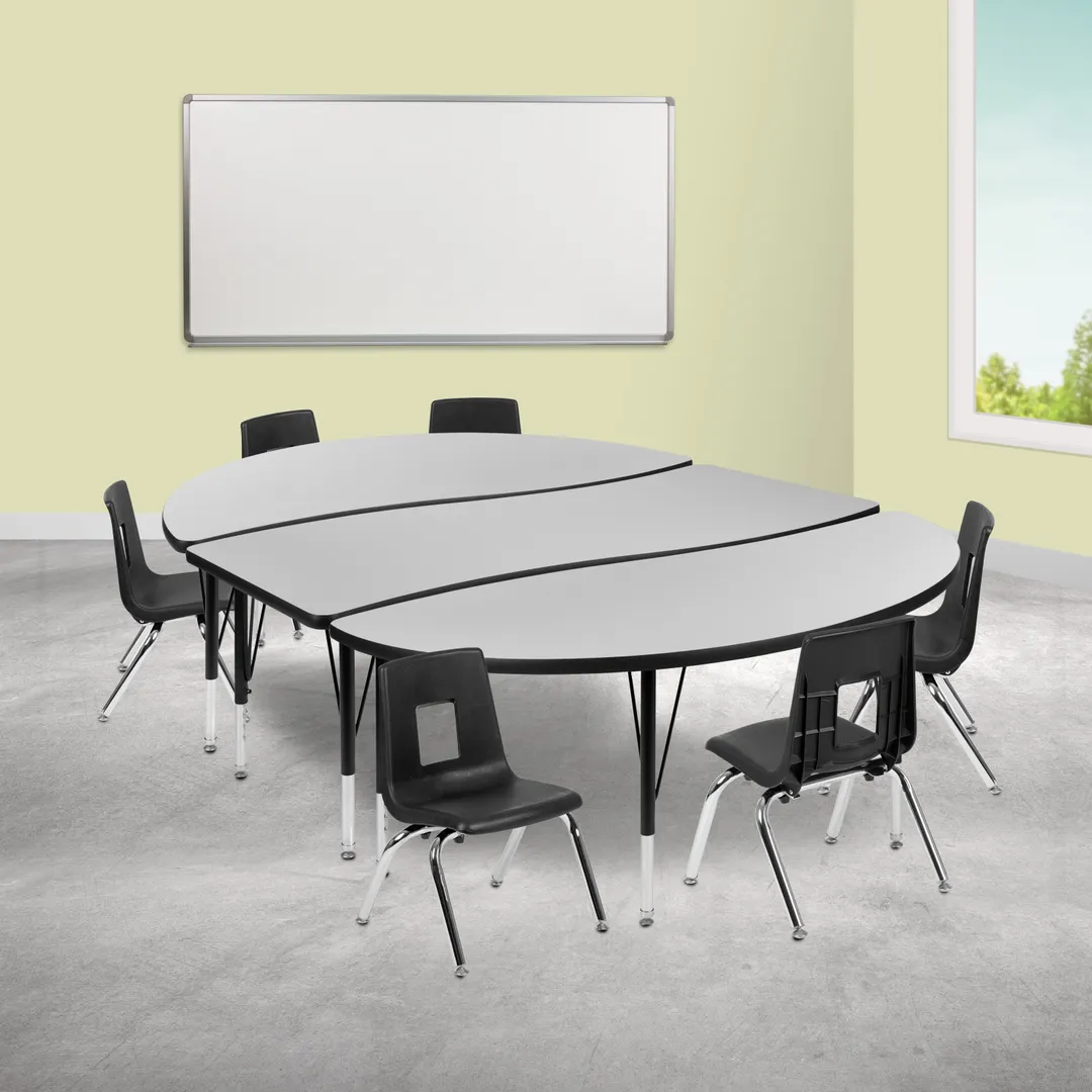 Flash Furniture XU-GRP-12CH-A3060CON-60-GY-T-P-GG Emmy Activity Table & Chair Set, Oval Laminate Top, 86x60, 6 Stack Chairs, Gray/Black