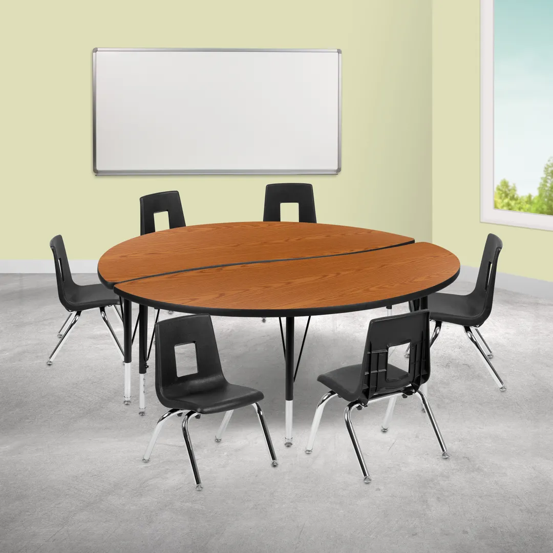 Flash Furniture XU-GRP-14CH-A60-HCIRC-OAK-T-P-GG Emmy Activity Table & Chair Set, Round 60" Table, Adjustable Height, 6 Stack Chairs, Oak/Black