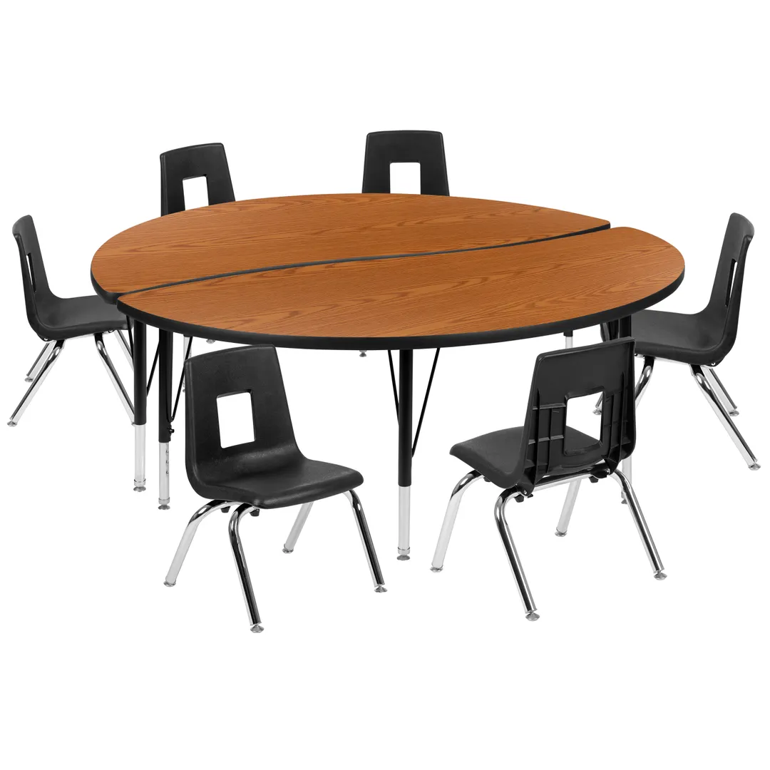 Flash Furniture XU-GRP-14CH-A60-HCIRC-OAK-T-P-GG Emmy Activity Table & Chair Set, Round 60" Table, Adjustable Height, 6 Stack Chairs, Oak/Black
