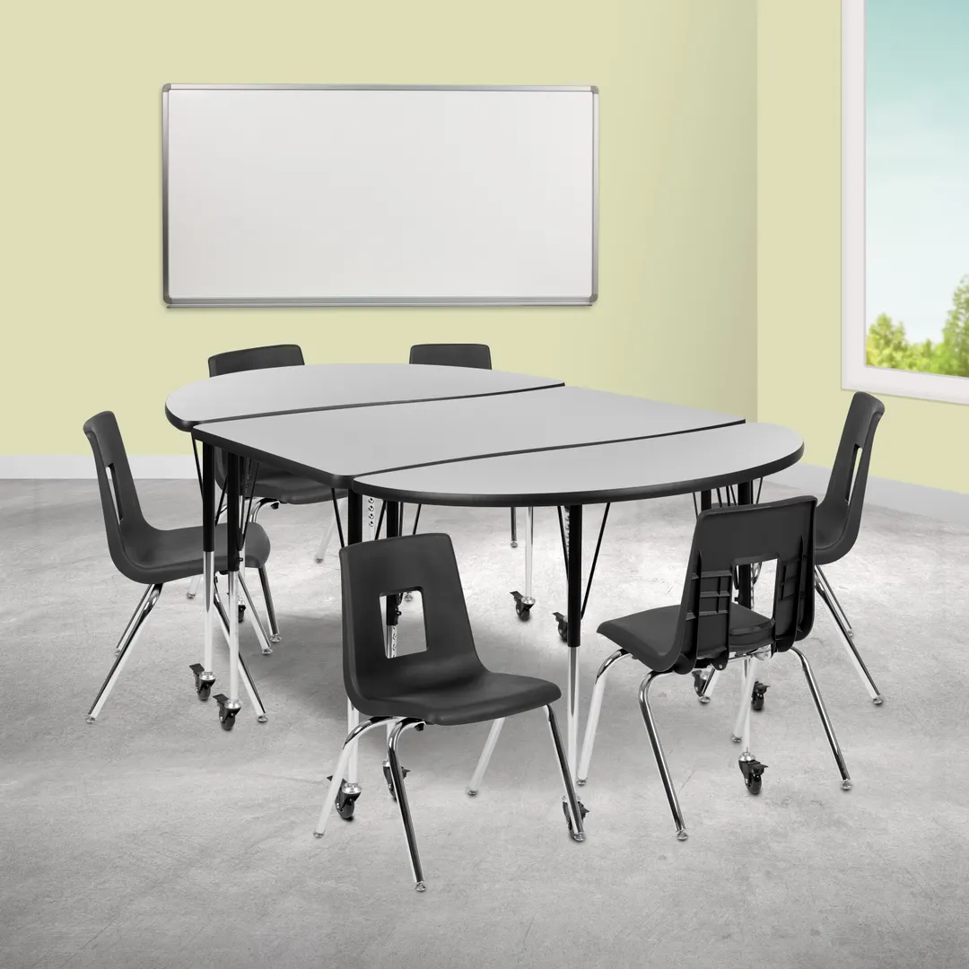 Flash Furniture XU-GRP-16CH-A3048CON-48-GY-T-A-CAS-GG Emmy Activity Table & Chair Set, Oval Laminate Top, 76"W x 47.5"D, 6 Stack Chairs, Gray/Black