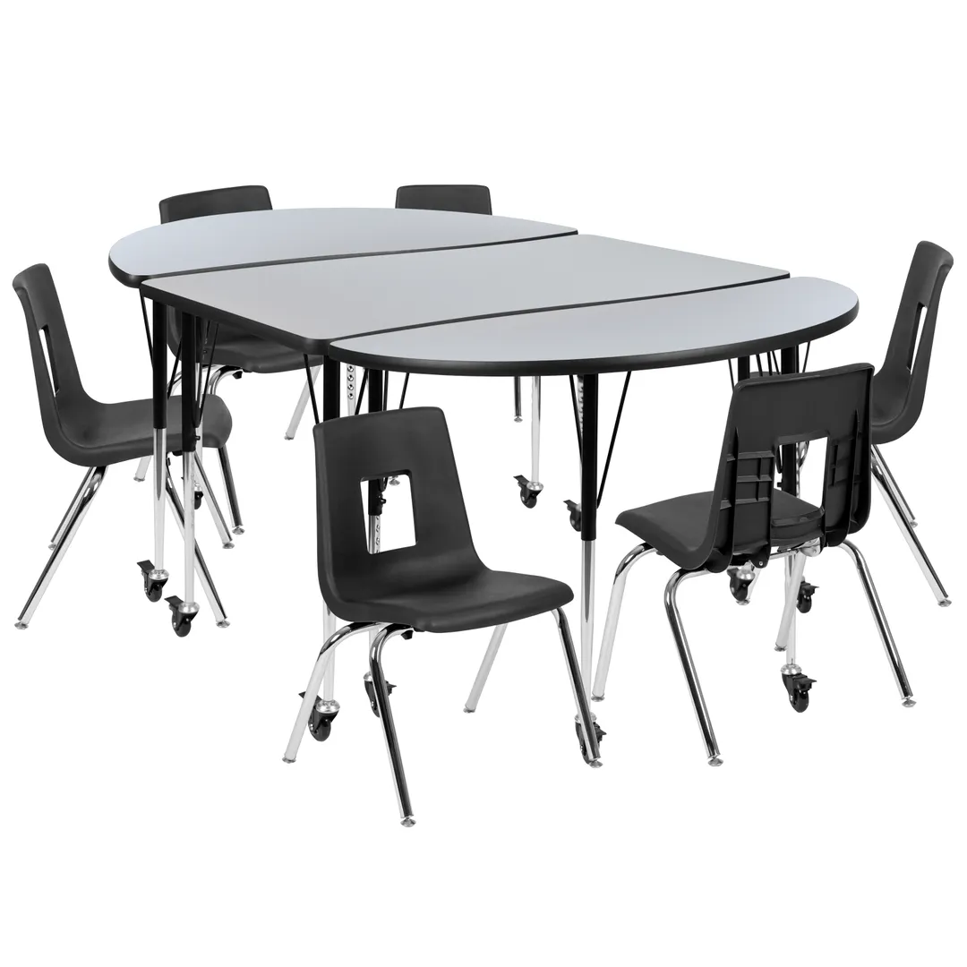 Flash Furniture XU-GRP-16CH-A3048CON-48-GY-T-A-CAS-GG Emmy Activity Table & Chair Set, Oval Laminate Top, 76"W x 47.5"D, 6 Stack Chairs, Gray/Black