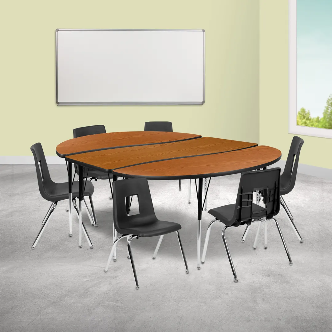 Flash Furniture XU-GRP-16CH-A3060CON-60-OAK-T-A-GG Emmy Activity Table & Chair Set, Oval Laminate Top, 86x60, 6 Stack Chairs, Adjustable Height