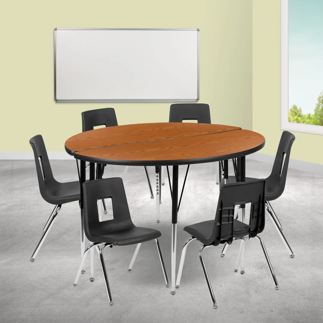 Flash Furniture XU-GRP-16CH-A48-HCIRC-OAK-T-A-GG Emmy Activity Table & Chair Set, Round 48" Table, 6 Stack Chairs, Adjustable Height