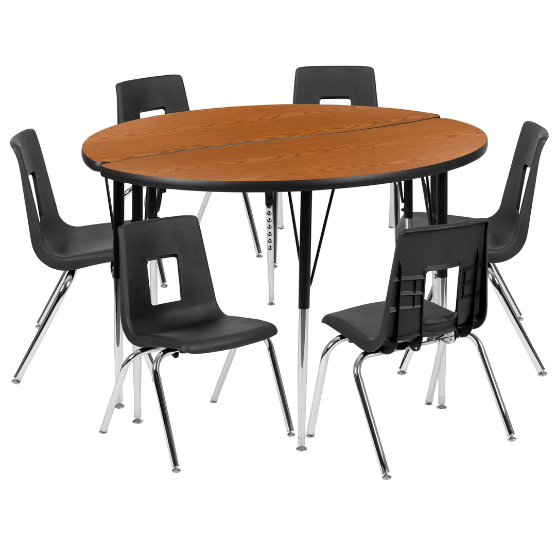 Flash Furniture XU-GRP-16CH-A48-HCIRC-OAK-T-A-GG Emmy Activity Table & Chair Set, Round 48" Table, 6 Stack Chairs, Adjustable Height