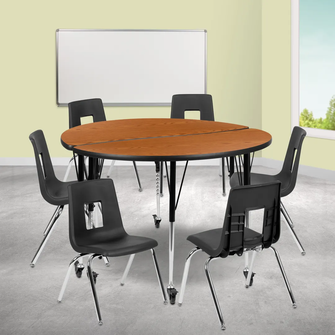 Flash Furniture XU-GRP-18CH-A48-HCIRC-OAK-T-A-CAS-GG Emmy Activity Table & Chair Set, Round 48" Table, 6 Stack Chairs, Adjustable Height