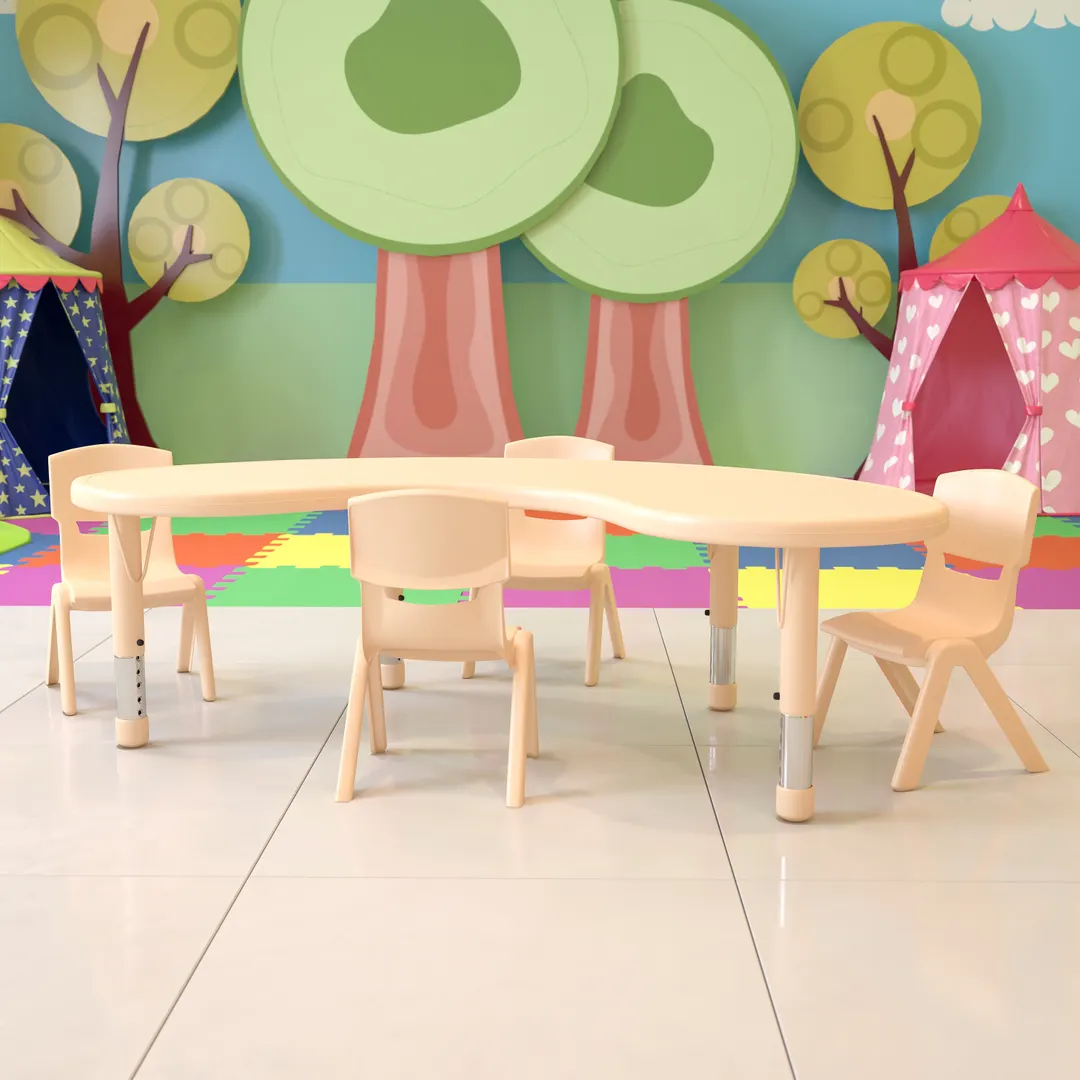 Flash Furniture YU-YCX-0043-2-MOON-TBL-NAT-E-GG Preschool Activity Table Set, Adjustable Height, Half Moon, 35"W x 65"D, Natural, 220 lb. Capacity, 4 Chairs