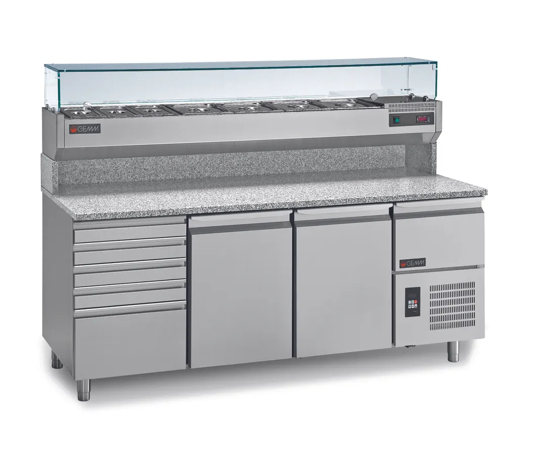 RositoBisani PC215 85" 3-Door Refrigerated Pizza Prep Table with Upper Refrigerated Toppings Rail