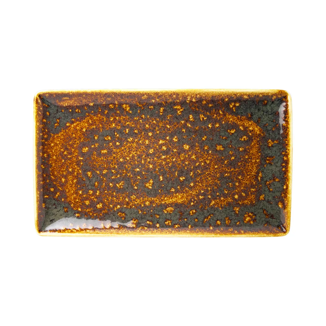 Steelite 12020556 - Rectangle Tray 13" x 7.5" Amber Vesuvius Ceramic, Oven Safe 530°F, - 6/Case