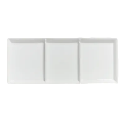 Steelite 6302P279 - 3‑Compartment Rectangular Porcelain Tray, 15.9" x 6.6" - 6/Case