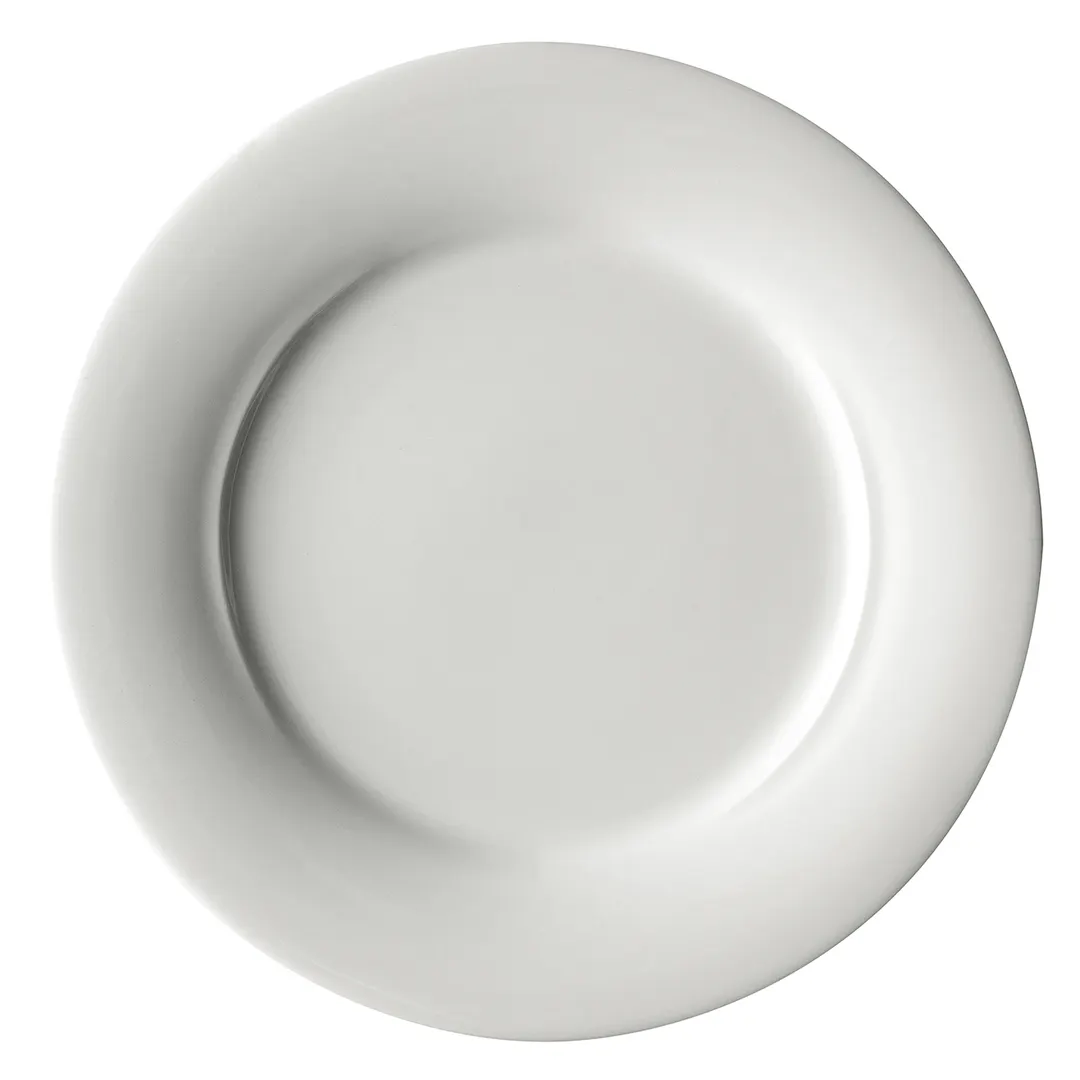 Steelite 6321P1302 Flat 10" Round Porcelain Dinner Plate with Wide Rim, Oven Safe to 465°F - 24/Case