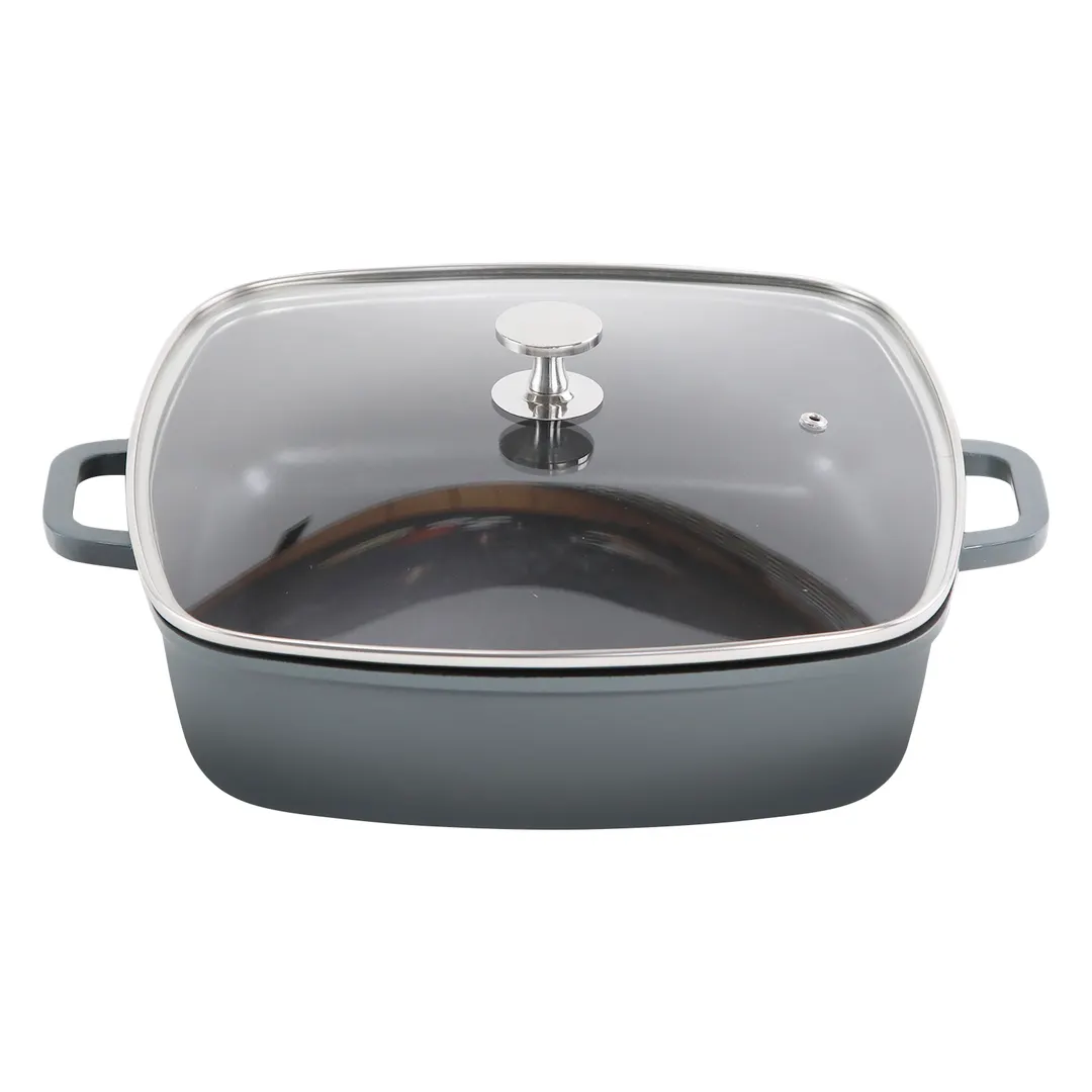 Steelite AP282812 Casserole Dish, 14" Square, 5.25 Qt, 4" Depth, Gray Mixed, Knob Glass Lid - 4/Case