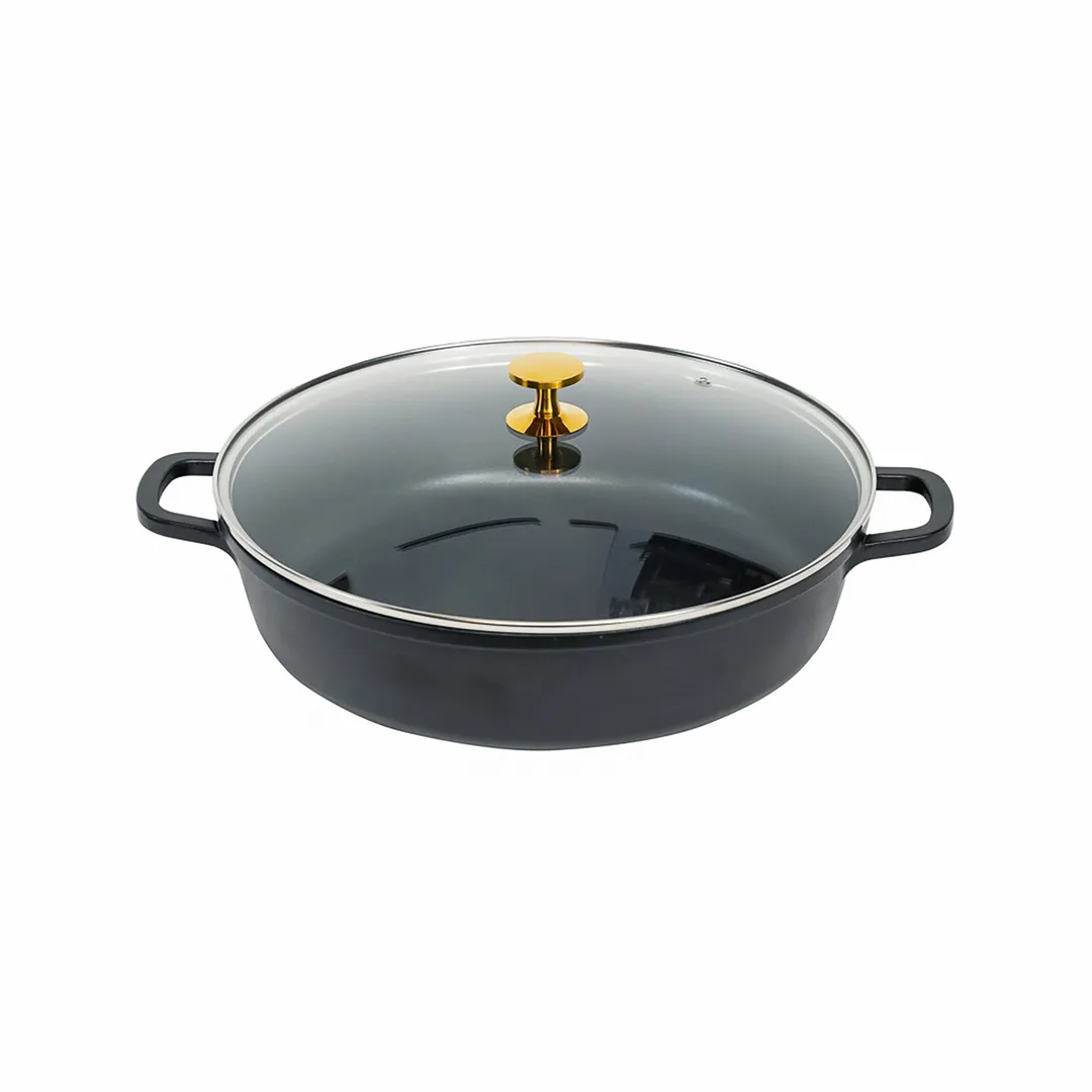 Steelite AP320011G 6‑Quart Black Casserole Dish with Gold‑Knob Glass Lid, 13" x 3" - 4/Case