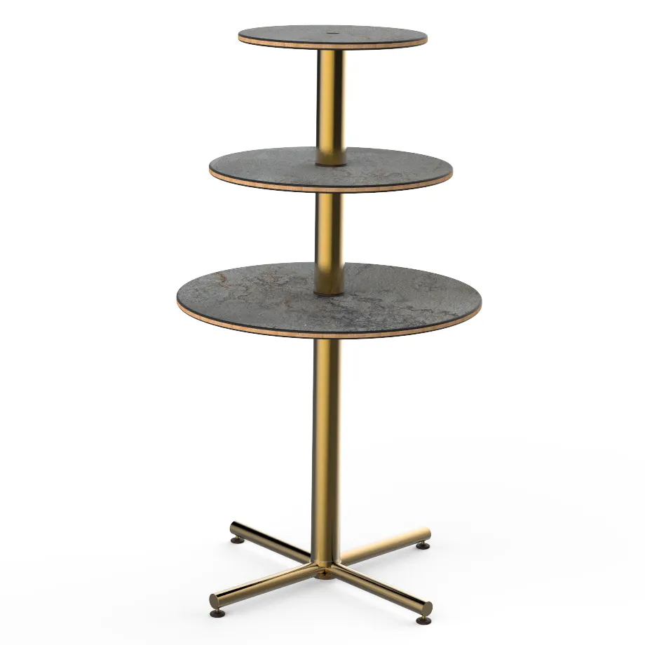Steelite MGCPPR01GBXX - 3‑Tier Stand, 30" Dia x 55" H, Steel Base, Gold Trim, Slate Laminate Top