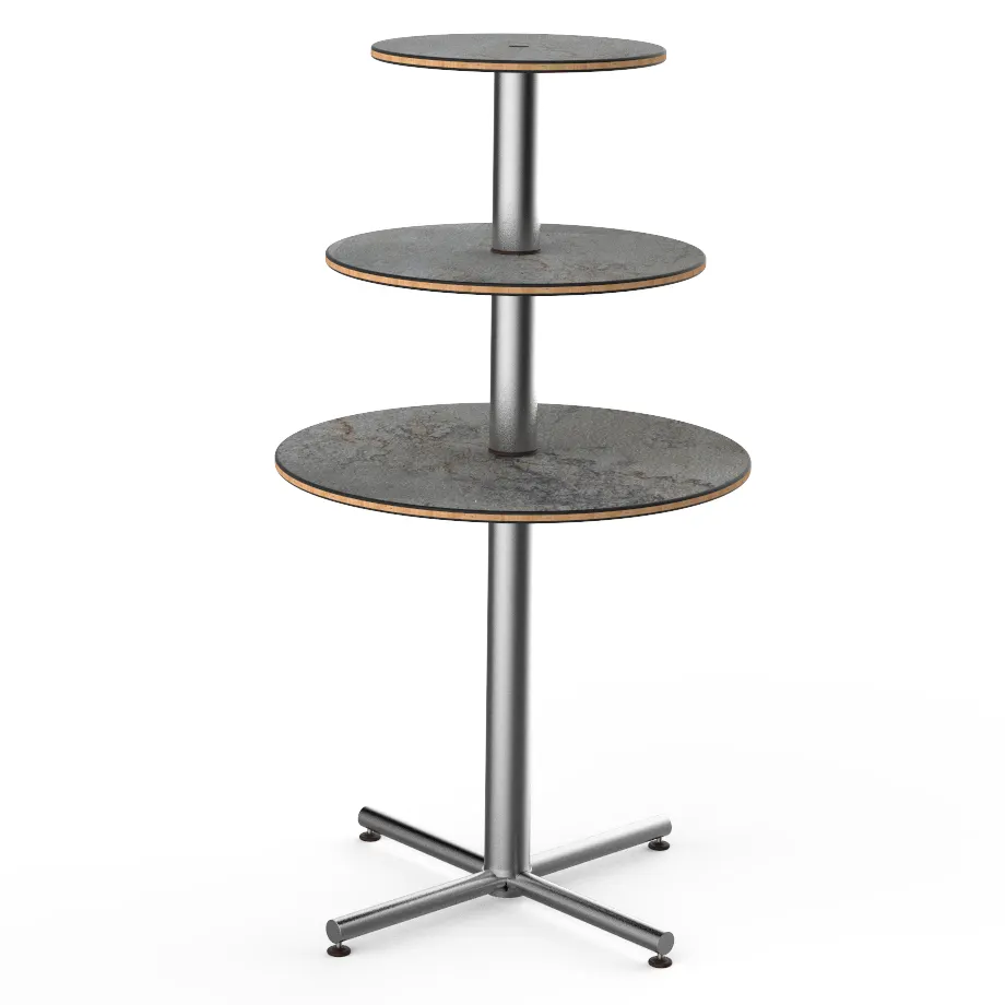 Steelite MGCPPR01GSXX - 3‑Tier 30" Dia. x 55" H Stand, BHP Laminate Top, Brushed Steel Silvers Base