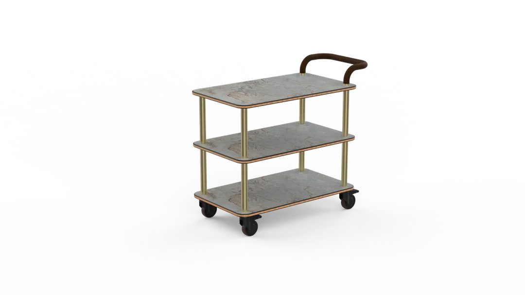 Steelite MGCRNX01GBXX Mogogo Buffet Solutions Roll'n Service Cart, 41.5x21, 36H, Grey Slate Shelves, Leather Handle, Brushed Brass