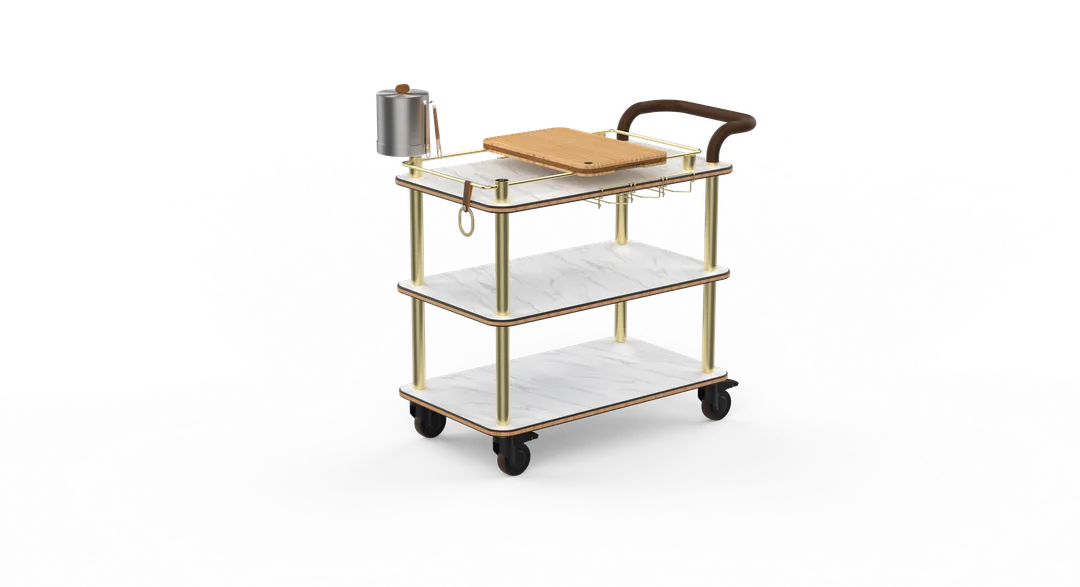 Steelite MGCRNX03CBXX Mogogo Buffet Solutions Roll'n Mixology Service Cart, 41.5x21x40.5, Carrera White Marble, Brushed Brass