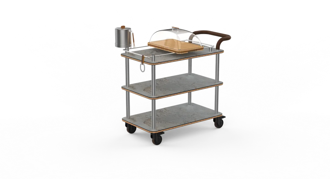 Steelite MGCRNX04GSXX 41.5x21x40.5 Buffet Serving Cart, Grey Slate, Brushed Stainless Steel, Leather Handle