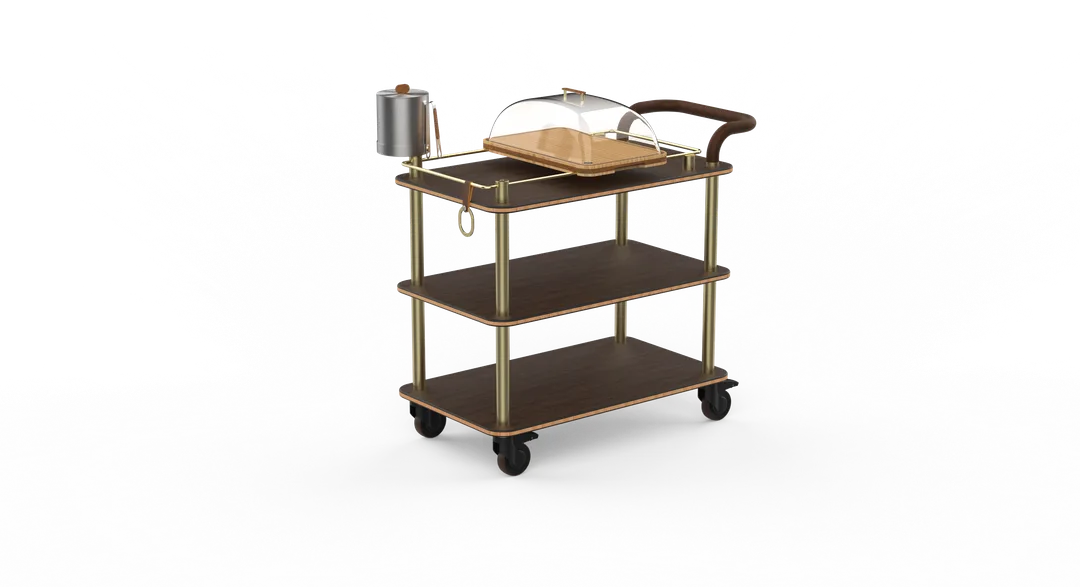 Steelite MGCRNX04WBXX Buffet Serving Cart, 41.5x21x40.5, Mango Wood, Brushed Brass, Leather Handle