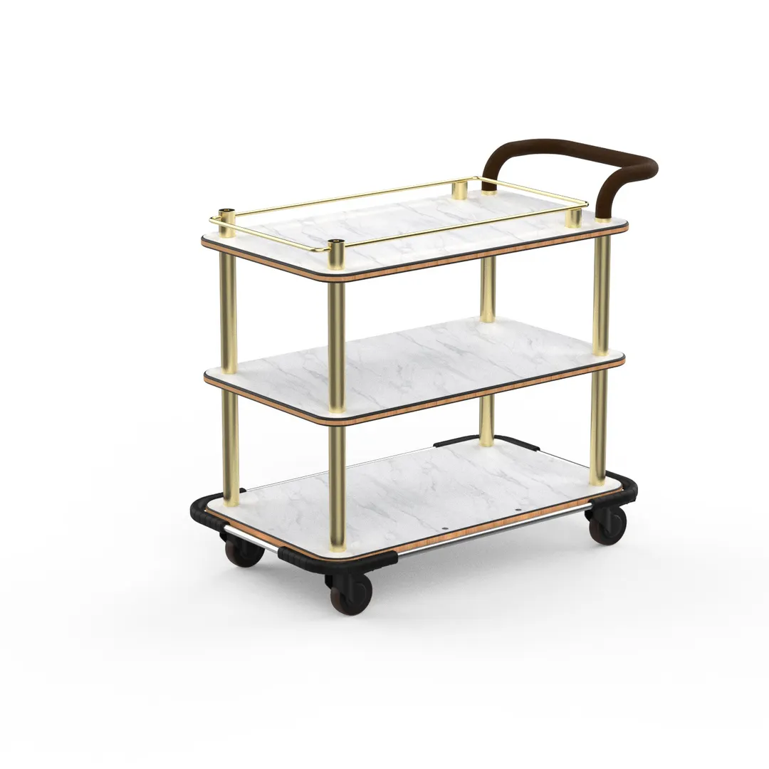 Steelite MGCRNX08CBXX Mogogo Buffet Solutions Roll'n Service Cart, 41.5"x21"x36", Carrera White Marble Shelves, Brushed Brass