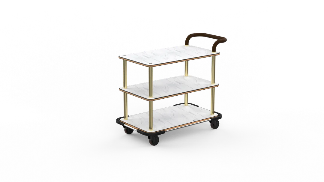 Steelite MGCRNX11CBXX Mogogo Buffet Solutions Roll'n Service Cart, 41.5x21x36, Carrera White Marble Shelves, Brushed Brass Finish
